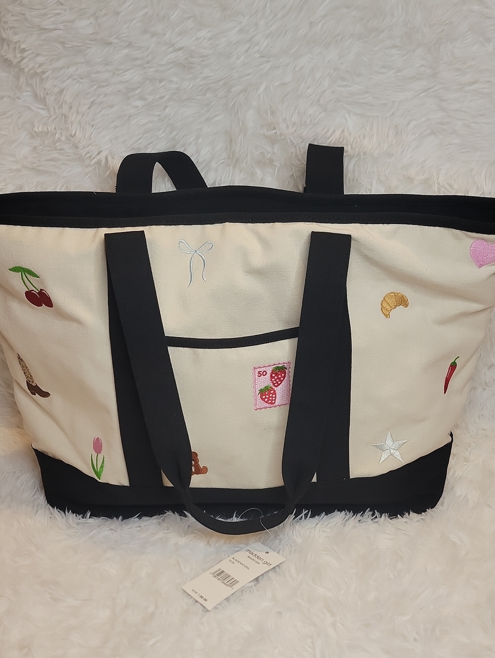 Madden Girl Canvas Embroidered Tote Bag in Cream & Black